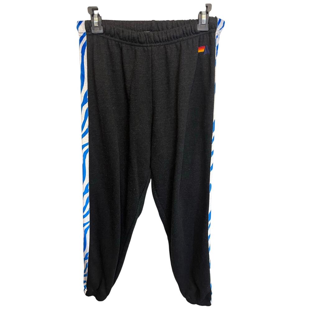 Aviator Nation Black Track Joggers with Blue Zebra Stripe